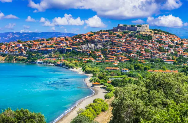 Photo of travel in Lesvos island - view of beautiful Molyvos (Molivos) town. Best of Greece