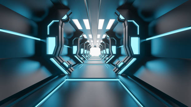 istock Sci-Fi grunge damaged metallic corridor background illuminated with neon lights 3d render - Illustration 1162556927