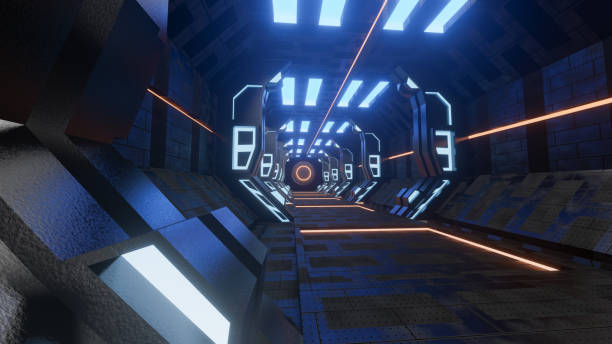 istock Sci-Fi grunge damaged metallic corridor background illuminated with neon lights 3d render - Illustration 1162556948