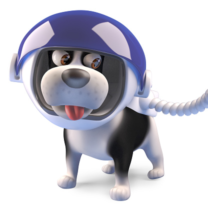 Cartoon puppy dog wearing a spacesuit and helmet, 3d illustration render