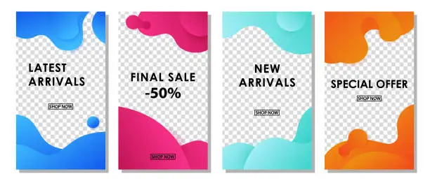 Vector illustration of Set of social media stories templates with wavy gradient splashes. Sale vector design.