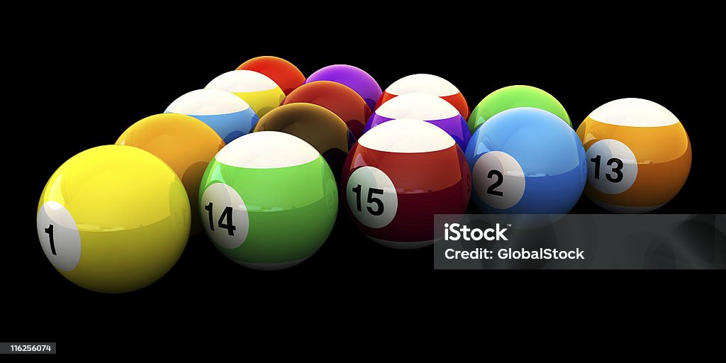 Pools Balls Isolated A group of pool balls isolated on a black background. Arranged in a triangle. Black Background Stock Photo