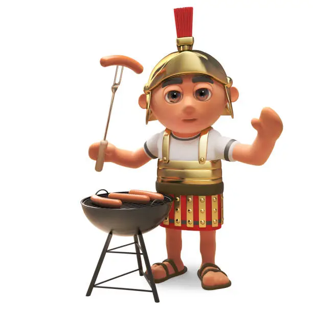 Hungry 3d cartoon Roman legionnaire solder cooking on a barbecue bbq, 3d illustration render