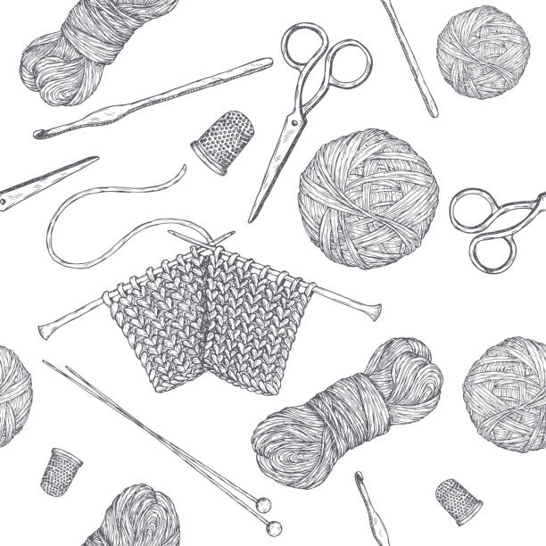 illustrations, cliparts, dessins animés et icônes de motif sans couture avec des outils de tricot vintage. basé sur l'esquisse dessinée à la main. série de classe de passe-temps. - knitting needle