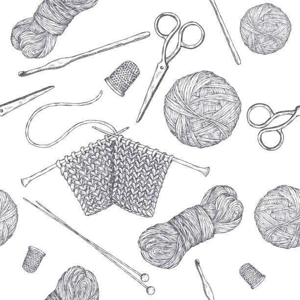 ilustrações de stock, clip art, desenhos animados e ícones de seamless pattern with vintage knitting tools. based on hand drawn sketch. hobby class series. - yarn ball