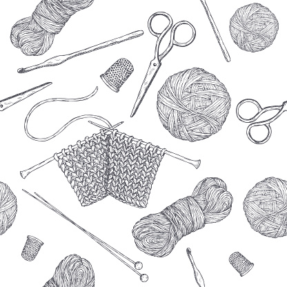 Seamless pattern with vintage knitting tools. Based on hand drawn sketch. Hobby class series.