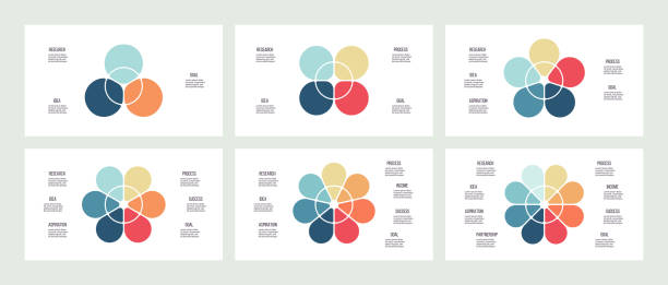 business-infografiken. diagramme mit 3, 4, 5, 6, 7, 8 abschnitten, blütenblättern. vektorvorlagen. - blume grafiken stock-grafiken, -clipart, -cartoons und -symbole