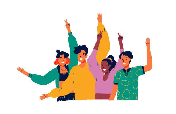 ilustraciones, imágenes clip art, dibujos animados e iconos de stock de feliz diverso grupo de personas adolescentes saludando hola - juventud