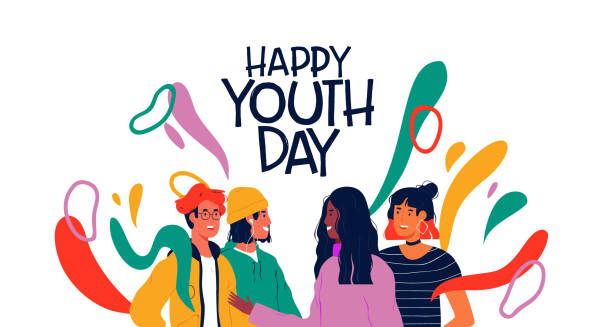Happy youth day card of diverse teen friend group Happy youth day greeting card illustration of diverse teen friend group. Social young diverse people collaborate together with colorful decoration and modern fashion. adolescence stock illustrations