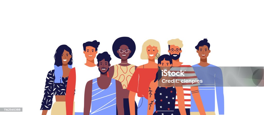 Diverse young people smiling isolated background Group of happy diverse people team. Young women and men smiling on isolated white background. Millennial generation, college students or business staff concept. People stock vector