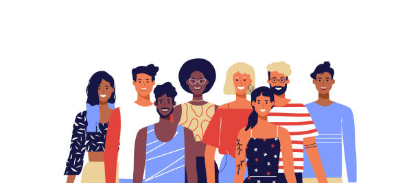 Diverse young people smiling isolated background Group of happy diverse people team. Young women and men smiling on isolated white background. Millennial generation, college students or business staff concept. multiracial group illustrations stock illustrations