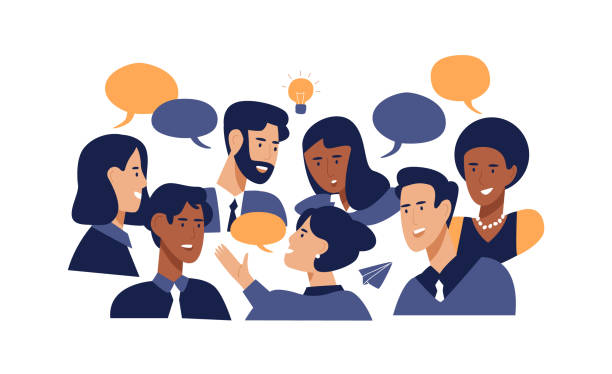 Diverse office business people brainstorming ideas Diverse office people talking at brainstorming business meeting. Professional multi ethnic work colleagues in conversation with speech bubbles on isolated white background speech illustrations stock illustrations