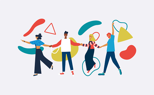 Happy friends walking holding hands with abstract geometric shapes in colorful flat style. Young diverse people group together for social event on isolated background.