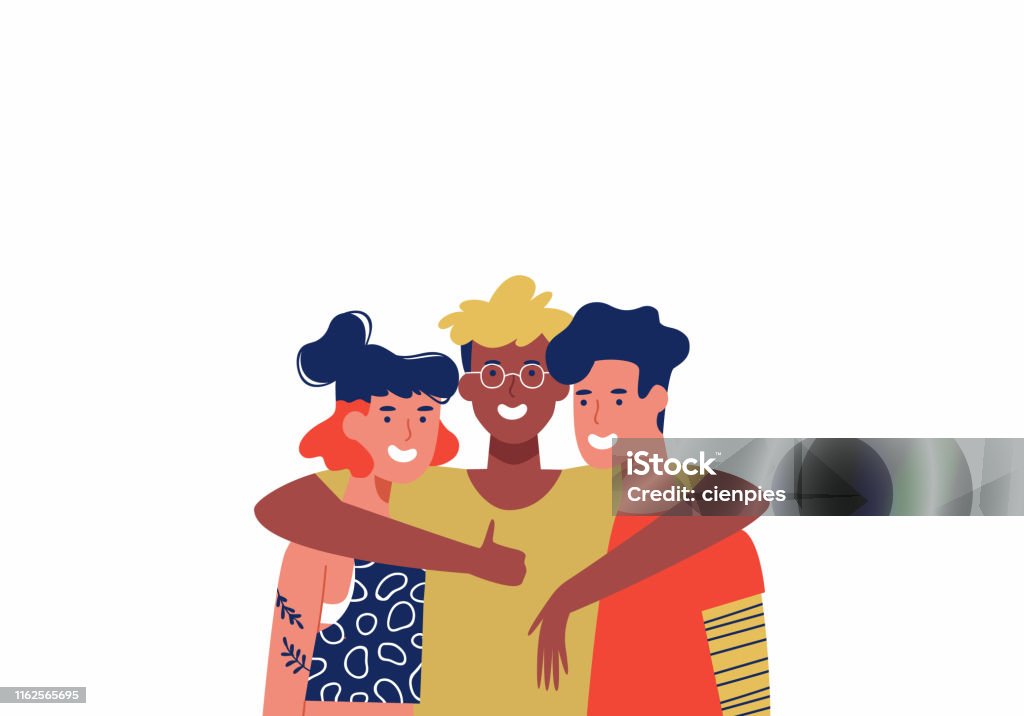 Three Happy friends in group hug isolated Happy friends hugging together on isolated white background copy space. Three young women and men adults or teens with modern style in group hug. Friendship stock vector