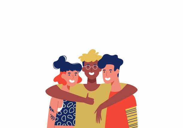 Three Happy friends in group hug isolated Happy friends hugging together on isolated white background copy space. Three young women and men adults or teens with modern style in group hug. millennials stock illustrations