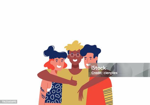 Three Happy Friends In Group Hug Isolated Stock Illustration - Download Image Now - Friendship, Teenager, Adolescence