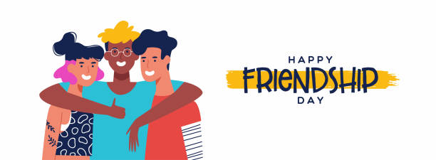 Friendship Day banner of three friends group hug Happy friendship day web banner with diverse friend group of people hugging together. Young generation team hug on social event holiday. adolescence stock illustrations