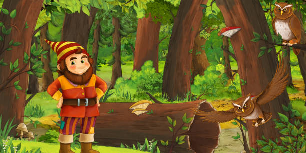 illustrazioni stock, clip art, cartoni animati e icone di tendenza di scena cartone animato con nano felice nella foresta - nana