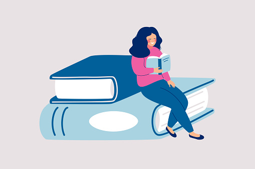 Female reader sits on pile of giant books and reads. Cartoon vector illustration with student or literature fan, professional career establishment basics.