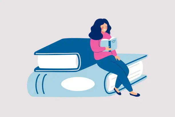 Vector illustration of Female reader sits on pile of giant books and reads