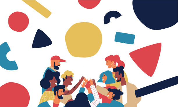 Happy friend group high five with geometry shapes Happy friend group doing high five together. Big people team of diverse teens or young adults with modern abstract geometry shapes on isolated background. party social event stock illustrations