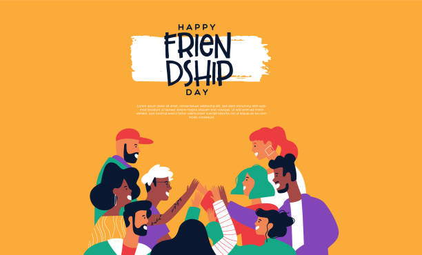 Friendship web template of friends doing high five Happy friendship day landing web page template with diverse friend group of people doing high five together. Young generation on social event holiday. friendship illustrations stock illustrations