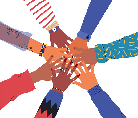 Friends high five concept. Illustration of people hands together for unity or diversity teamwork. Isolated friend group hand round with trendy retro fashion.