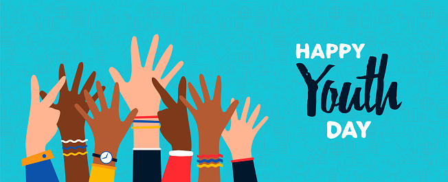 Happy Youth Day greeting card illustration of diverse young people hands raised up. Colorful teen hand group for social generation event.