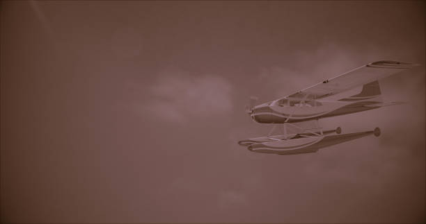 Retro seaplane illustration. 3D render. Superimposed retro photo filter with noise