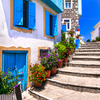 Architecture at Little Venice, Mykonos town (Chora), Mykonos island, Cyclades, Greece in morning.