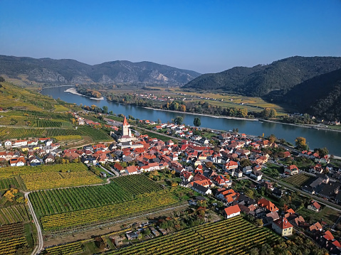 Aerial of Weissenkirchen, Wachau valley, Austria.