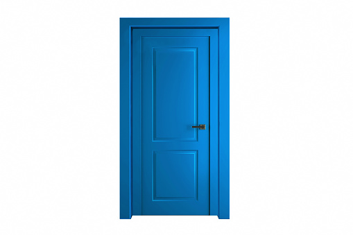 Modern blue room door isolated on white background.