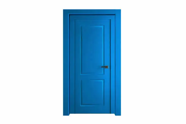 Photo of Modern blue room door isolated on white background
