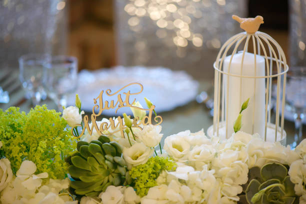 arredamento romantico per sposa e sposo tavolo da pranzo con gabbia per uccelli decorativi vintage bianca che tiene una candela bianca - wedding centerpiece foto e immagini stock