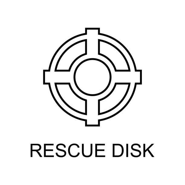 ilustraciones, imágenes clip art, dibujos animados e iconos de stock de icono de contorno del disco de rescate. elemento del icono de protección de datos con nombre para concepto móvil y aplicaciones web. icono de disco de rescate de línea delgada se puede utilizar para web y móvil - cd dvd disk lock