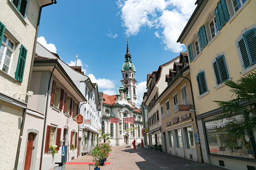 Frauenfeld, TG / Switzerland - 14. July 2019: view of the historic old town with the St. Nikolaus church in the city of Frauenfeld