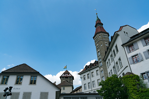Frauenfeld, TG / Switzerland - 14. July 2019: view of the historic half-timbered medieval castle in the city of Frauenfeld