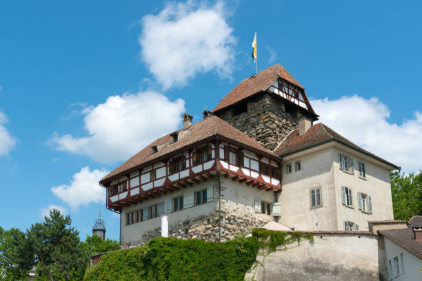 view of the historic half-timbered medieval castle in the city of frauenfeld - frauenfeld imagens e fotografias de stock