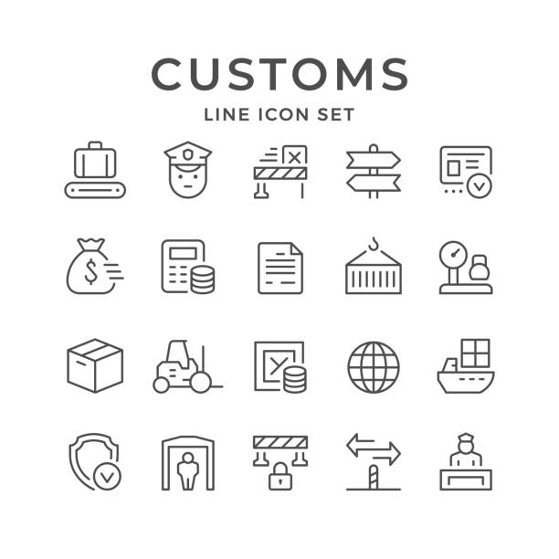 Set line icons of customs Set line icons of customs isolated on white. Vector illustration tax borders stock illustrations