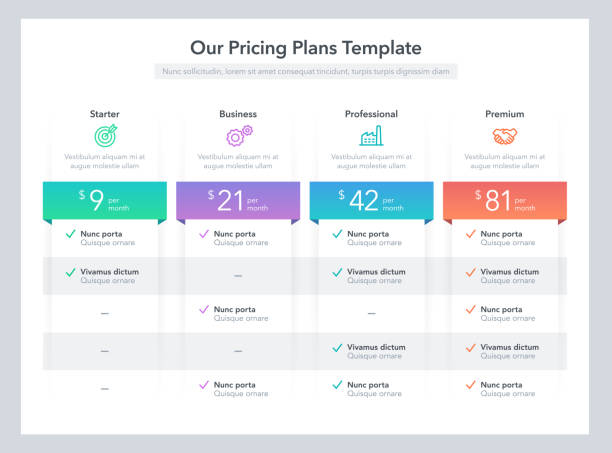 stockillustraties, clipart, cartoons en iconen met moderne prijs vergelijkingstabel met verschillende abonnementsplannen - vergelijkingsinfographics