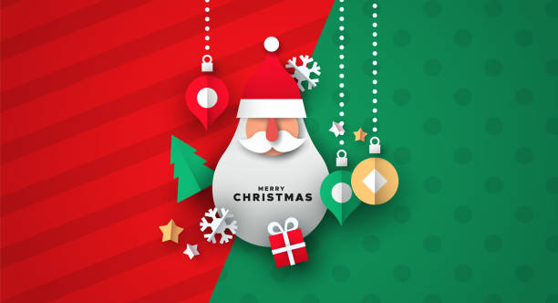 Christmas card of 3d icons and santa ornament Merry Christmas illustration of realistic 3d papercut decoration. Holiday season icons with santa claus shape ornament. red clothing stock illustrations