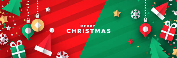 illustrazioni stock, clip art, cartoni animati e icone di tendenza di striscione natalizio di ornamenti natalizi tagliati in carta - pinaceae