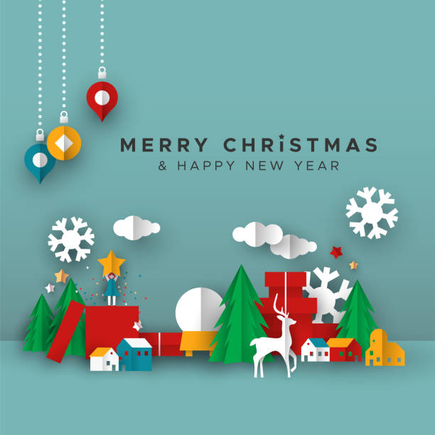 ilustrações de stock, clip art, desenhos animados e ícones de christmas and new year card of papercut toy city - xmas toys snowflake