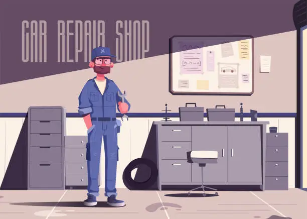 Vector illustration of Car repair shop. Cartoon vector illustration. Garage indoor. Mechanic character design
