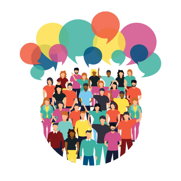 ilustraciones, imágenes clip art, dibujos animados e iconos de stock de diversas personas se unen con burbujas de chat social - persona burbuja