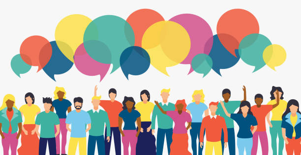 Diverse people team with social chat bubbles Social people group with colorful chat bubbles and diverse team. Internet communication or network concept. speech illustrations stock illustrations