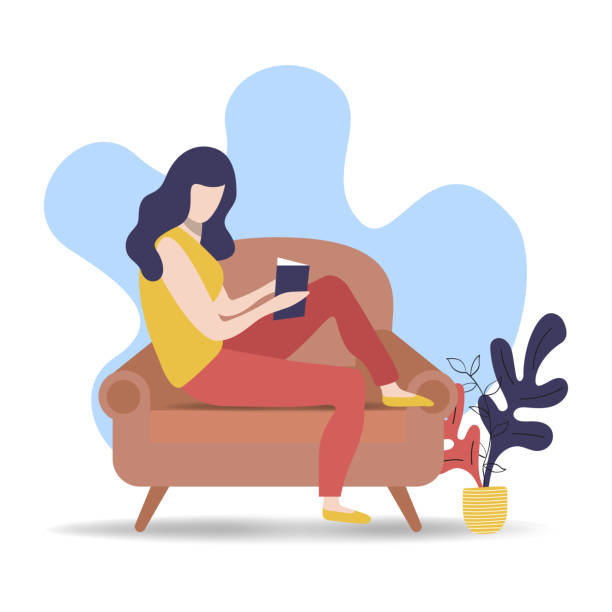 Woman reading book on relaxing sofa at home Woman reading book in sofa couch. Modern flat cartoon style concept for leisure activity or literature project. reading illustrations stock illustrations