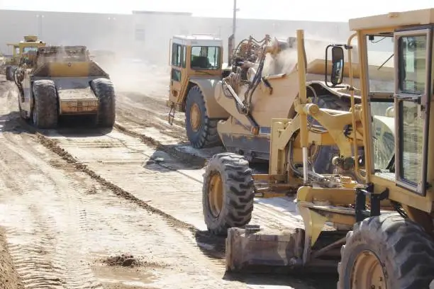 Heavy Construction Equipment (2 scrapers & 1 Motor Grader) removing dirt for a future Harley Knoxs Road in Perris California