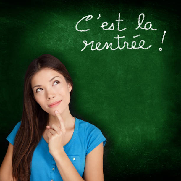 It's the School Home - French back to school Cest la Rentree Scolaire - French college university student woman thinking Back to School written in French on blackboard by female on green chalkboard. French language at college or high school. ecole stock pictures, royalty-free photos & images
