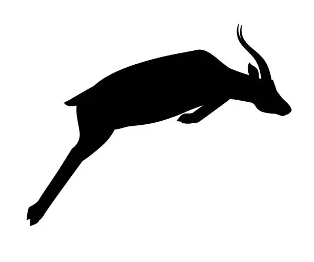 Vector illustration of Black silhouette African wild black-tailed gazelle with long horns cartoon animal design flat vector illustration on white background side view antelope jumping